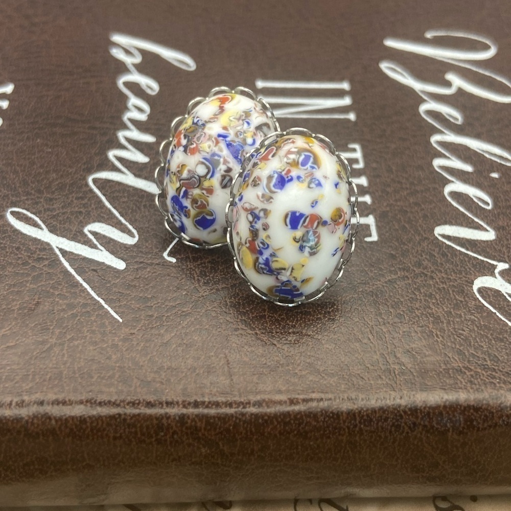 Vintage Millefiori Art Glass Floral Mosaic Oval Stud Earrings